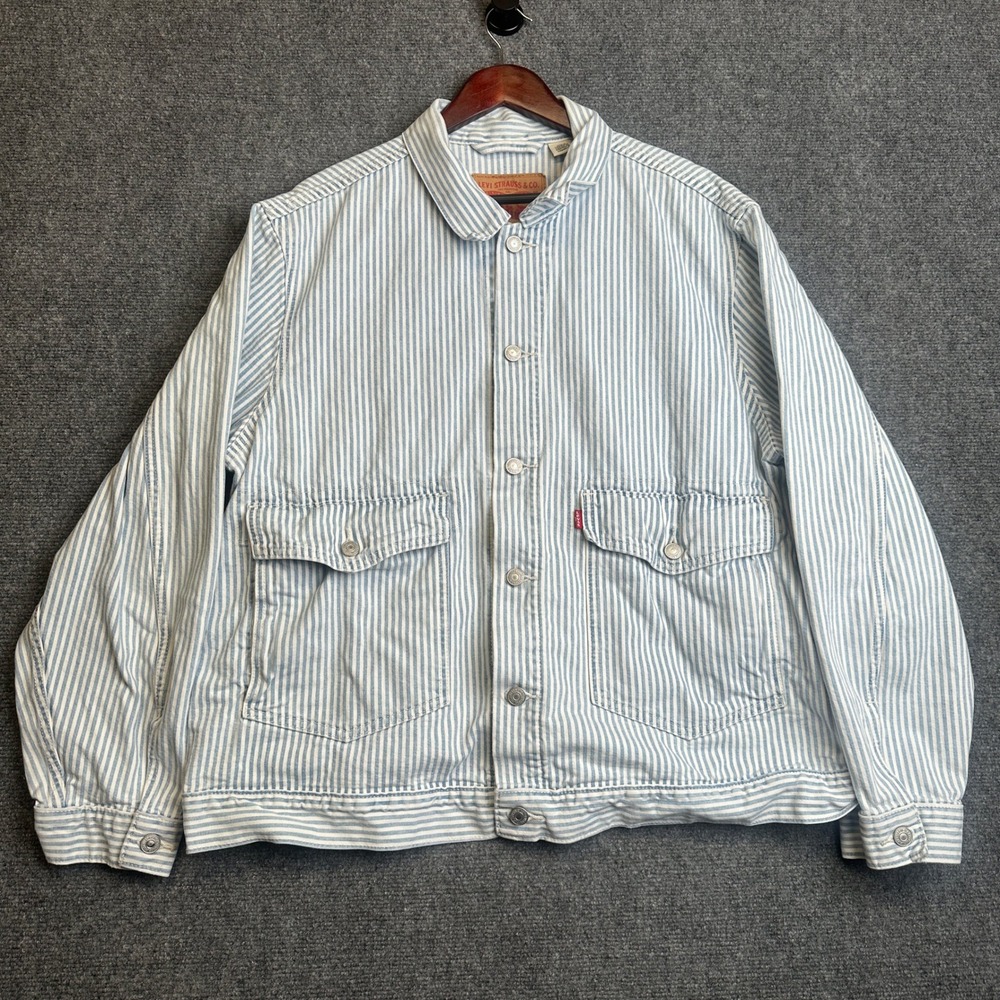 Levis Trucker Jacket Mens XL Blue White Railroad Stripe Denim Coat‎ Casual
